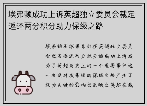 埃弗顿成功上诉英超独立委员会裁定返还两分积分助力保级之路 埃弗顿成功上诉英超独立委员会裁定返还两分积分助力保级之路